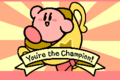 Kirby in a trophy, having beaten Boss Endurance in Kirby & The Amazing Mirror