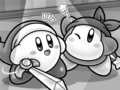 Sword Kirby and Bandana Waddle Dee having won their round of Crazy Theater, in Kirby's Decisive Battle! Battle Royale!!
