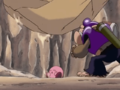 Bonkers rescues Kirby from a boulder that was sent hurtling toward him by King Dedede and Escargoon.