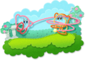Kirby uses his Yarn Whip on a Waddle Dee
