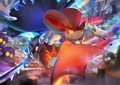 "Shadowy Partners" Celebration Picture from Kirby Star Allies, featuring Daroach and Dark Meta Knight battling enemies in Jambastion