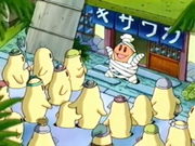 Chef Kawasaki boasts to onlookers about how his unlucky fortune came true.