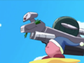 Bomb Kirby facing off against the militarized Escar-droid while riding his Warp Star (Kirby: Right Back at Ya!)