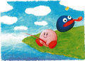 Kirby and Gooey fishing together just prior to the events of Kirby's Dream Land 3, from the manual