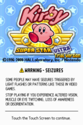 Kirby Super Star Ultra demo title screen with a seizure warning at the bottom