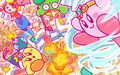 Illustration from the Kirby JP Twitter commemorating the release of Kirby Battle Royale, featuring Parasol Kirby using Circus Throw on Reporter Waddle Dee