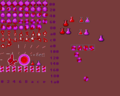 KIRBY2 - Sprite sheet depicting young Kirby's sprites, an unknown fire enemy, potion flasks, and other objects
