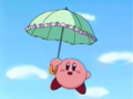 Kirby floats gently downward after being tossed Buttercup's parasol.
