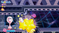 Kirby follows his gigantic Star Bullet along the conveyor belts in the rift.