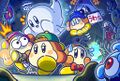Tedhaun (top right) frightening a spooked Waddle Dee in the official Kirby JP Twitter art for Ghost Day 2019