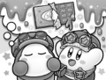 Illustration of Kirby hearing Waddle Dee's wish for chocolate from Kirby and the Search for the Dreamy Gears!