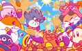 Artwork from the Kirby JP Twitter featuring Kirby and friends eating fried sweet potatoes