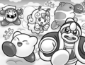 Illustration of Kirby playing tag with everyone from Kirby: Save the Rainbow Islands!