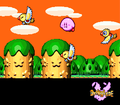 Kirby flying with the three chicks in Kirby Super Star