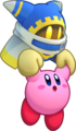 Kirby hanging onto Helper Magolor