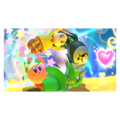 Heroes in Another Dimension credits picture from Kirby Star Allies, featuring Cleaning Kirby as part of a Friend Circle