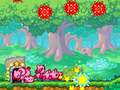 The Kirbys run along the forest toward the stage's exit