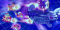 Main Mode credits picture from Kirby's Return to Dream Land, featuring Kirby and co. riding Landia and attacking the Lor Starcutter