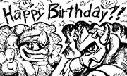 Artwork commemorating the seventh anniversary of Kirby Super Star Ultra, drawn by Shinya Kumazaki and Hitoshi Kikkawa