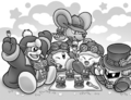Illustration of Meta Knight having cake with everyone from Kirby and the Search for the Dreamy Gears!