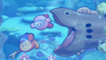 Main Mode credits picture from Kirby's Return to Dream Land Deluxe, featuring Kirby and Bandana Waddle Dee swimming for their lives from Barbar
