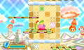 Kirby watches the Parasol Waddle Dees drift down.