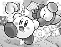 Kirby runs off to the non-existent peach party with Bandana Waddle Dee in tow