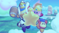 Main Mode credits picture from Kirby's Return to Dream Land Deluxe, featuring the four friends riding on a Warp Star