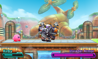 Screenshot of Kirby fighting the Invader Armor in Patched Plains - Stage 2