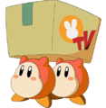 Two Waddle Dees carrying a box containing one of King Dedede's TV sets
