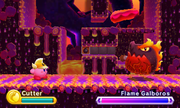 In Kirby: Triple Deluxe, Kirby fights Flame Galboros with Cutter Ability in Endless Explosions - Stage 5.