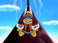 King Dedede is left sizzled atop the castle spire.