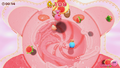 Gameplay on the Kirby Cake stage, in the falling strawberries mode