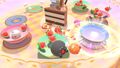 Kirbys grabbing strawberries out of teacups in a minigame