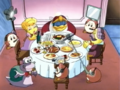 King Dedede settles down for dinner with Sir Ebrum and Lady Like.
