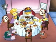 King Dedede settles down for dinner with Sir Ebrum and Lady Like.