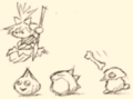 Sketch of Yariko along with Tick, Galbo, and Gabon from the False Ending credits of Kirby 64: The Crystal Shards