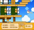 Kirby hops on a Warp Star, but gets outpaced by the blimps as they race away.