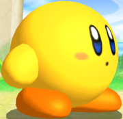 Upscaled shot of Yellow Kirby in Kirby's Return to Dream Land