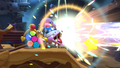 Kirby piggybacking Marx while he fires the Team Attack laser in Kirby Star Allies