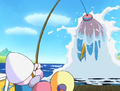 Kirby and his friends catch a gigantic fish.