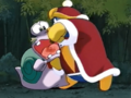 King Dedede punishes Escargoon for his sabotage by forcing red pepper spice down his throat.