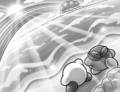 Illustration of Kirby and Waddle Dee looking at the Rainbow Bridges from Kirby: Save the Rainbow Islands!