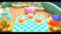 Kirby, Elfilin, and Bandana Waddle Dee enjoying Kirby Burgers atop the café.