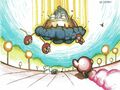 Twinkle Popopo concept art of "Air Fortress", featuring bean-shaped Waddle Doos attacking from a fortress on a dark cloud
