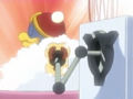 The robot rubs King Dedede in the bath.
