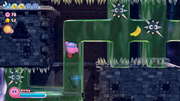 Kirby swims up the murky green water as it twists and contorts in the rift.