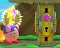 Kirby carrying a key to a gate in Kirby Star Allies