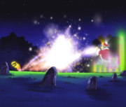 Fire Kirby dueling with Sasuke in a Dedede robot in Cappy New Year