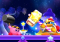 King Dedede and Hammer Kirby getting ready to fight at the Fountain of Dreams